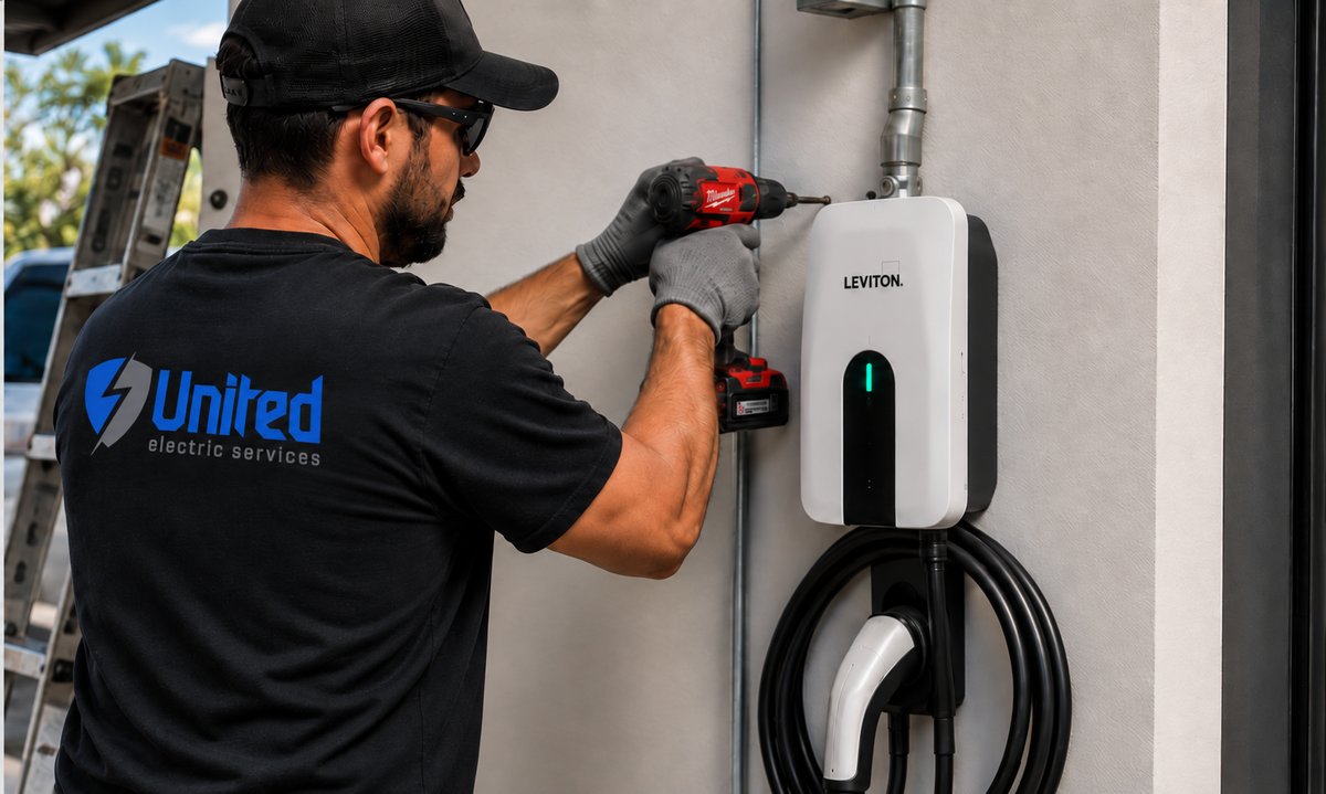 United Electric Services technician installing an EV charger